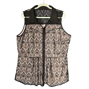 City Chic Black Lace Sleeveless Blouse Button Front Collared Plus Size 22 XL
